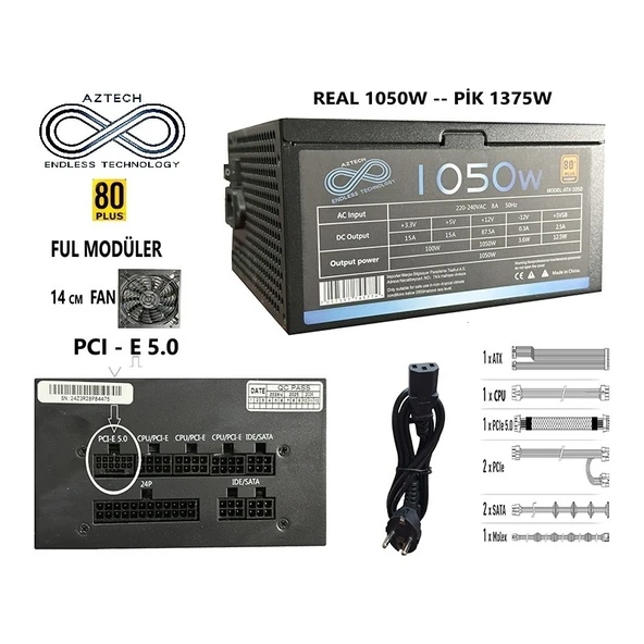 AZTECH Atx 1050 1050W 14 cm Fan 80 Plus Copper Tam Modüler Psu ürün görseli 1