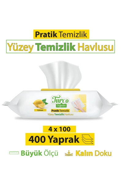 Turco Doğadan Pratik Yüzey Temizlik Havlusu Limon 4x100 (400 Yaprak)