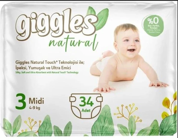 GİGGLES NATURAL IKIZ MİDİ BEBEK BEZİ 34 LI ( 3 NO )