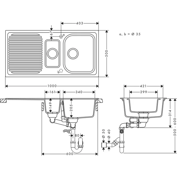 Hansgrohe S520-F525 Ankastre Granit Eviye 980 - 2