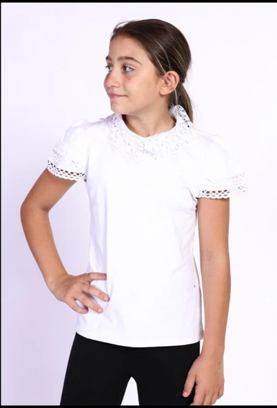 Toontoy Kız Çocuk Önü Dantelli Okul Tişört 11315 - 10
