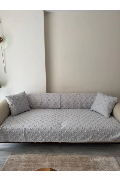 Konik Kırlent Kılıfı Hediyeli 170x210 cm Pamuklu Koltuk Örtüsü Gri