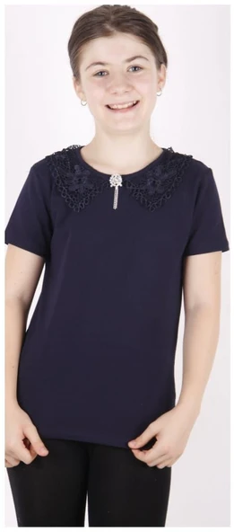 Toontoy Kız Çocuk Önü Dantelli Okul Tişört 16312 - 7