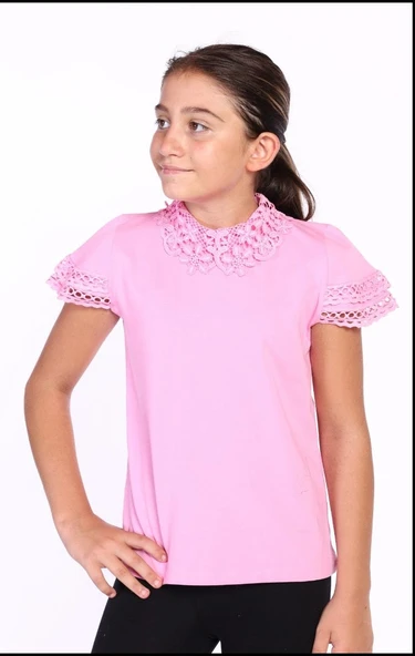 Toontoy Kız Çocuk Önü Dantelli Okul Tişört 11315 - 2