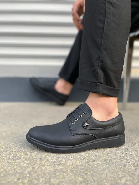 Siyah Mat Clasico Bağcıklı Cilt Erkek Günlük Klasik Ayakkabı - 3