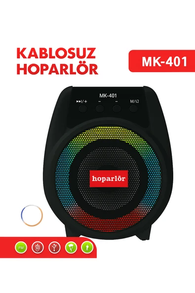MK-401 RGB LED Işıklı Kablosuz Hoparlör FM/USB/AUX / Mikrofon Destekli