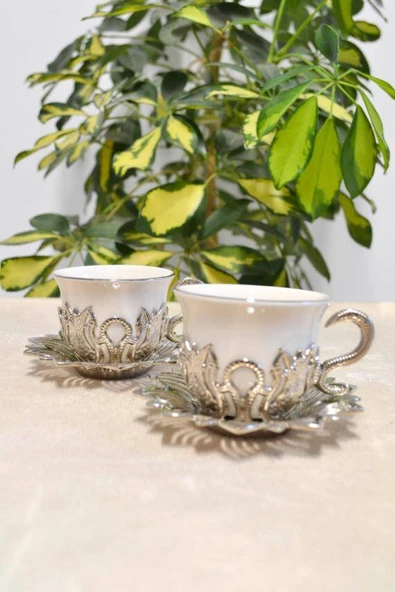 Beyaz Renkli Gümüş Desenli 2 Kişilik Zemzem Takımı Kahve Fincan Takımı ürün görseli