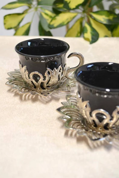 Siyah Renkli Gümüş Desenli 2 Kişilik Zemzem Takımı Kahve Fincan Takımı - Resim 2