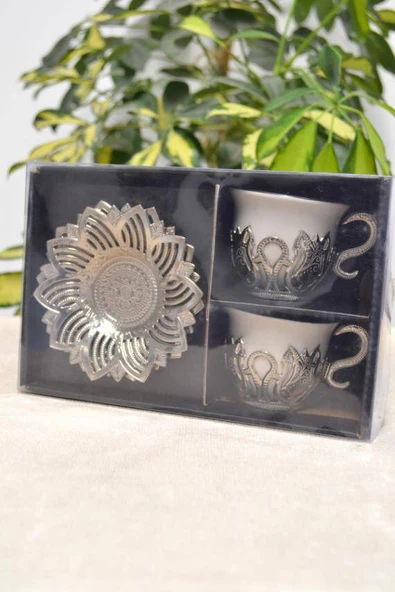 Beyaz Renkli Gümüş Desenli 2 Kişilik Zemzem Takımı Kahve Fincan Takımı - Resim 4