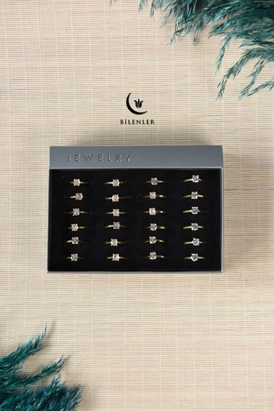 Kadın Taşlı Metal Yüzük Uzun Ömürlü, Şık Tasarım  (24’lü kutu) Gold - Resim 4