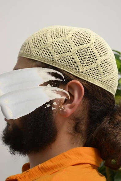 Erkek Örme Takke Bej  Hac ve Umre İçin İdeal Nefes Alabilir Standart Beden Takke - Resim 2