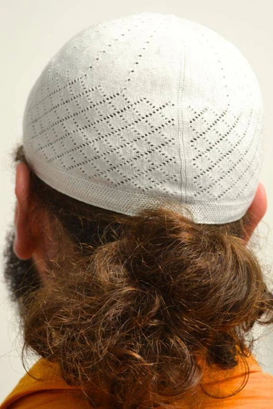 Erkek İnce Orlon Takke Beyaz – Makine İşi El Örmesi, Standart Beden - Resim 3