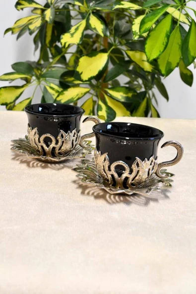 Siyah Renkli Gümüş Desenli 2 Kişilik Zemzem Takımı Kahve Fincan Takımı ürün görseli