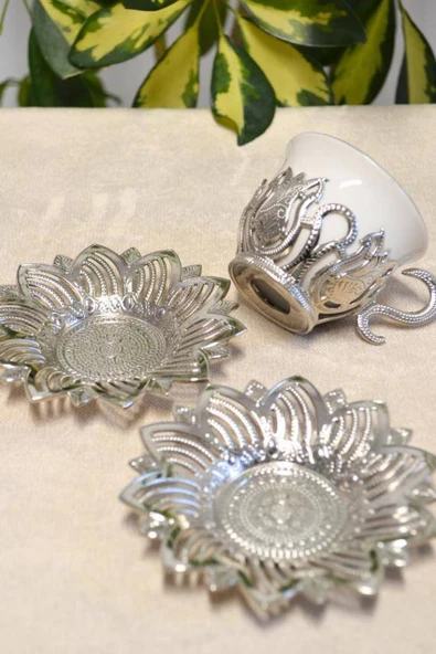 Beyaz Renkli Gümüş Desenli 2 Kişilik Zemzem Takımı Kahve Fincan Takımı - Resim 3