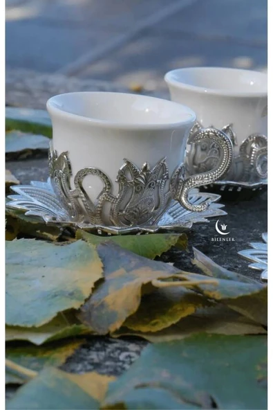 Beyaz Renkli Gümüş Desenli 6 Kişilik Zemzem Takımı Kahve Fincan Takımı - Resim 2