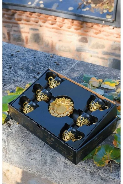 Siyah Renkli Altın Renk Desenli 6 Kişilik Zemzem Takımı Kahve Fincan Takımı - Resim 3