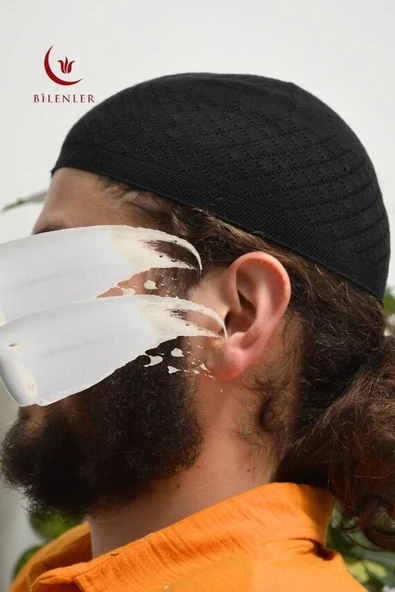 Erkek İnce Orlon Takke Siyah– Makine İşi El Örmesi, Standart Beden - 1