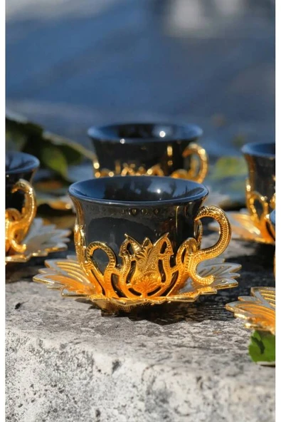 Siyah Renkli Altın Renk Desenli 6 Kişilik Zemzem Takımı Kahve Fincan Takımı - Resim 2