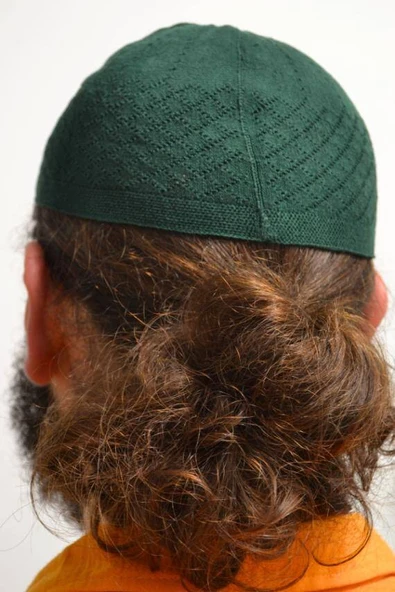 Erkek İnce Orlon Takke Yeşil – Makine İşi El Örmesi, Standart Beden - Resim 3