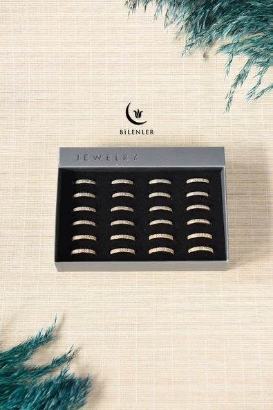 Kadın Taşlı Metal Yüzük Uzun Ömürlü, Şık Tasarım  (24’lü kutu)  Sarı - Resim 3