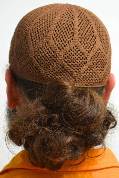 Erkek Örme Takke Kahverengi  Hac ve Umre İçin İdeal Nefes Alabilir Standart Beden Takke - Resim 3