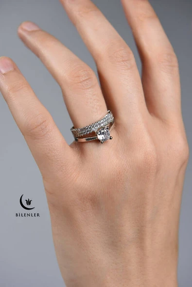 Kadın Taşlı Çift Yüzük Görünümlü Metal Yüzük Uzun Ömürlü, Şık Tasarım  (24’lü kutu) ürün görseli