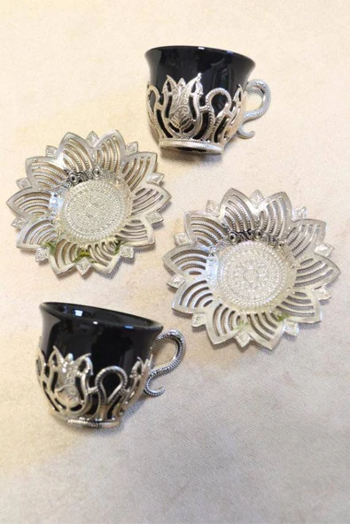Siyah Renkli Gümüş Desenli 2 Kişilik Zemzem Takımı Kahve Fincan Takımı - 3