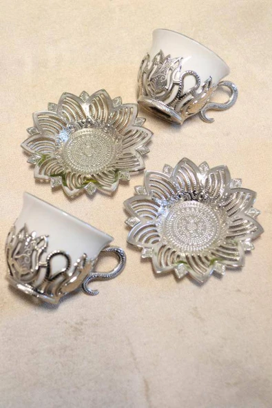 Beyaz Renkli Gümüş Desenli 2 Kişilik Zemzem Takımı Kahve Fincan Takımı - Resim 2