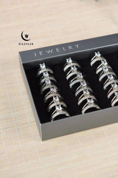 Kadın Taşlı Çift Yüzük Görünümlü Metal Yüzük Uzun Ömürlü, Şık Tasarım  (24’lü kutu) - Resim 2