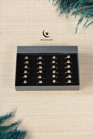 Kadın Taşlı Metal Yüzük Uzun Ömürlü, Şık Tasarım  (24’lü kutu) Gold - Resim 3