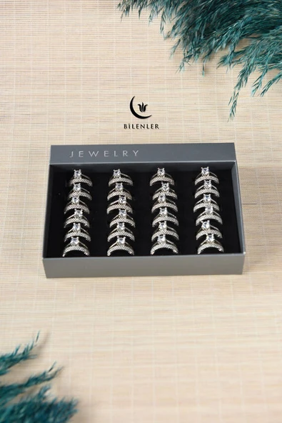 Kadın Taşlı Çift Yüzük Görünümlü Metal Yüzük Uzun Ömürlü, Şık Tasarım  (24’lü kutu) - Resim 3