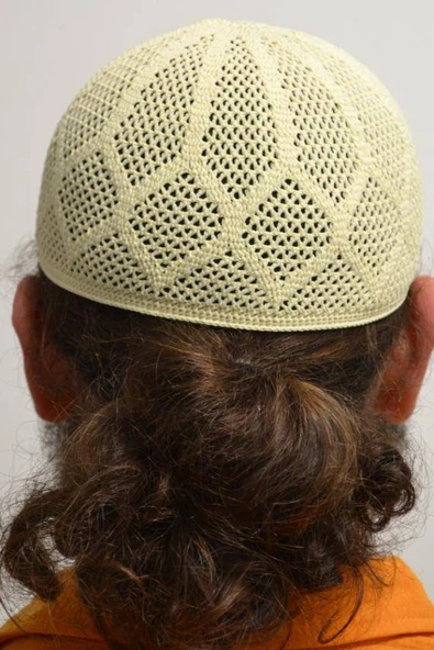 Erkek Örme Takke Bej  Hac ve Umre İçin İdeal Nefes Alabilir Standart Beden Takke - Resim 3