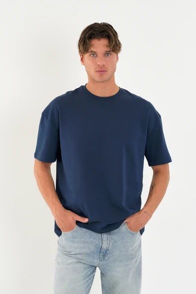 Blank Unisex Oversize Geniş Kesim Tişört %100 Pamuk Kalın Dokulu Bisiklet Yaka T-shirt