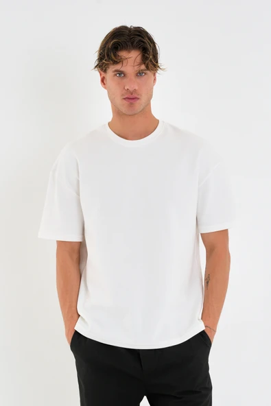 Blank Unisex Oversize Geniş Kesim Tişört %100 Pamuk Kalın Dokulu Bisiklet Yaka T-shirt - 2