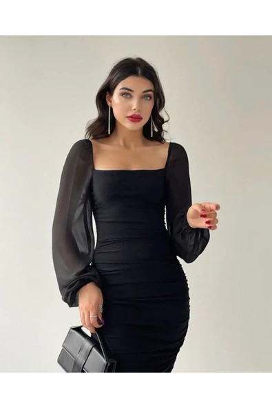 OlaLady Prenses Kollu Romantik Siyah Kalem Elbise - 2