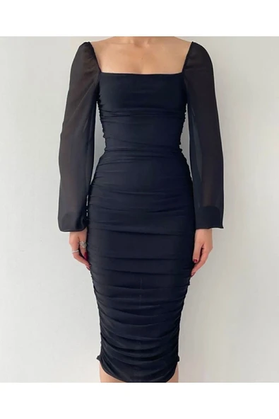 OlaLady Prenses Kollu Romantik Siyah Kalem Elbise - 3