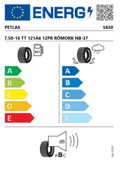 Petlas 7.50-16 TT 121A6 12PR RÖMORK NB-37 Römork Lastiği (Üretim Tarihi:2025) - 2