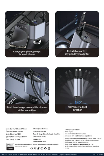 DEFOND Usb C Typec Araç Şarj Aleti,4'ü 1 Arada Hızlı Şarz Araç 66w Araç Usb Şarj Cihaz Samsung Apple - 5