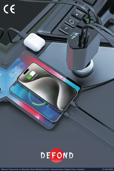 DEFOND Usb C Typec Araç Şarj Aleti,4'ü 1 Arada Hızlı Şarz Araç 66w Araç Usb Şarj Cihaz Samsung Apple - 4