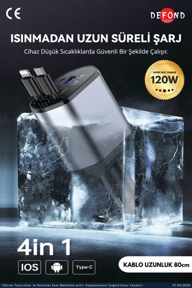 DEFOND Usb C Typec Araç Şarj Aleti,4'ü 1 Arada Hızlı Şarz Araç 66w Araç Usb Şarj Cihaz Samsung Apple