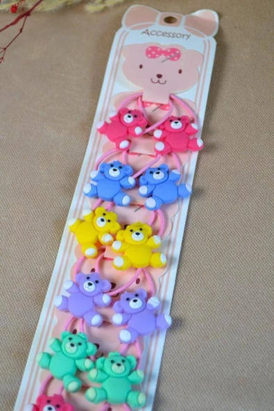 Renkli ve Ayıcık Figürlü 10 Çift Kız Çocuk Lastik Tokası – Sevimli ve Eğlenceli Saç Aksesuarları - Resim 3
