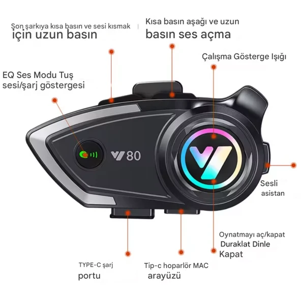 Y80 İnterkom Motosiklet Kask Kulaklık Bluetooth 5.3 Type-C Su Geçirmez İntercom Set İphone Android - 6