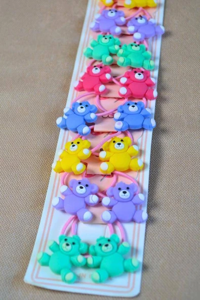 Renkli ve Ayıcık Figürlü 10 Çift Kız Çocuk Lastik Tokası – Sevimli ve Eğlenceli Saç Aksesuarları - Resim 2