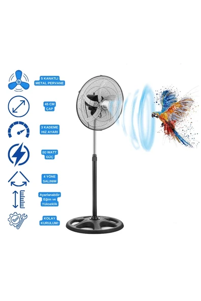5 Metal Kanatlı Soğutucu Vantilatör Pervane 3 Kademe Hız Kontrol 18’’inch - 80w - 1
