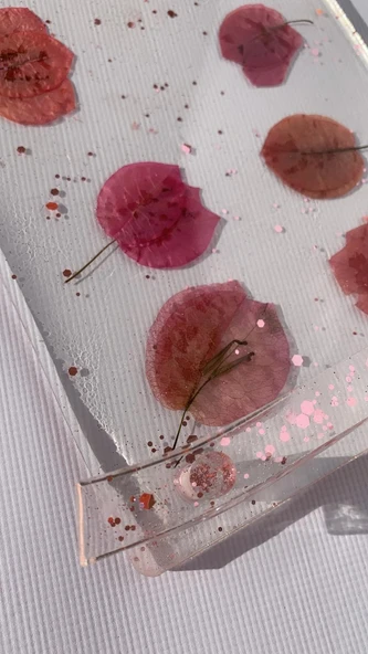 Şeffaf Epoksi Kurutulmuş Pembe Begonvil Pembe Glitter Sunum Tepsisi Dikdörtgen El Yapımı Hediyelik - 4