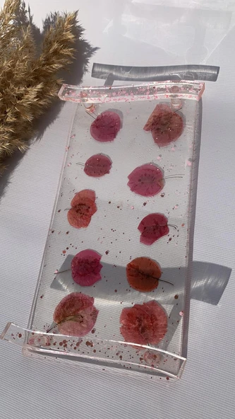 Şeffaf Epoksi Kurutulmuş Pembe Begonvil Pembe Glitter Sunum Tepsisi Dikdörtgen El Yapımı Hediyelik