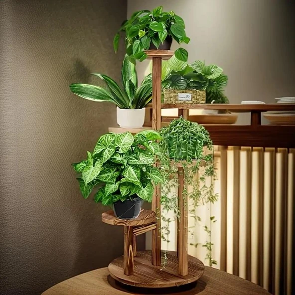 Tekerlekli Çiçeklik 5 Raflı Saksılık Dekoratif 5 Raflı Çiçeklik Doğal Ahşap Saksılık Çiçek Rafı Daire Model - 6