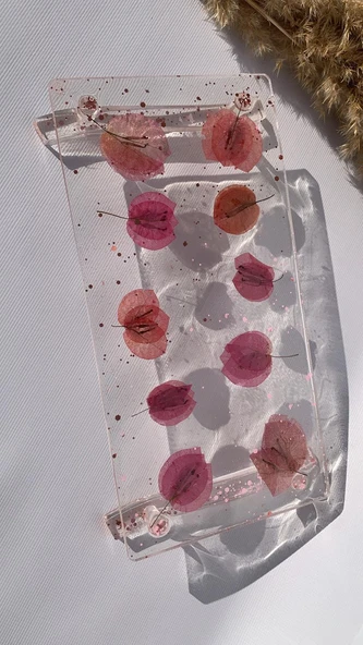 Şeffaf Epoksi Kurutulmuş Pembe Begonvil Pembe Glitter Sunum Tepsisi Dikdörtgen El Yapımı Hediyelik - 8