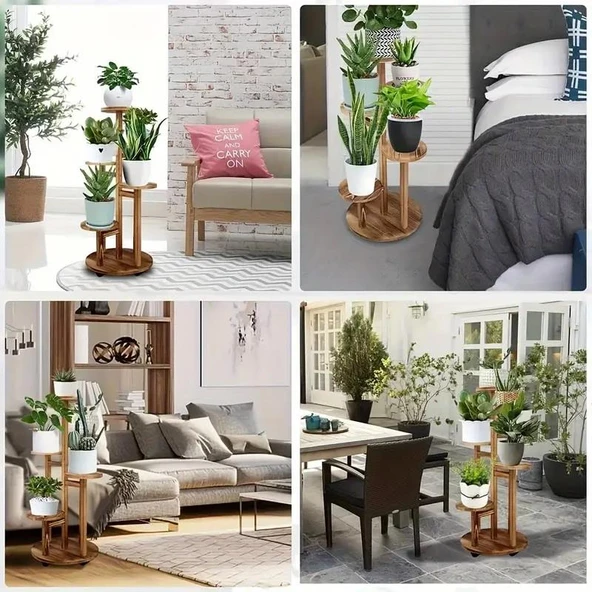 Tekerlekli Çiçeklik 5 Raflı Saksılık Dekoratif 5 Raflı Çiçeklik Doğal Ahşap Saksılık Çiçek Rafı Daire Model - 3