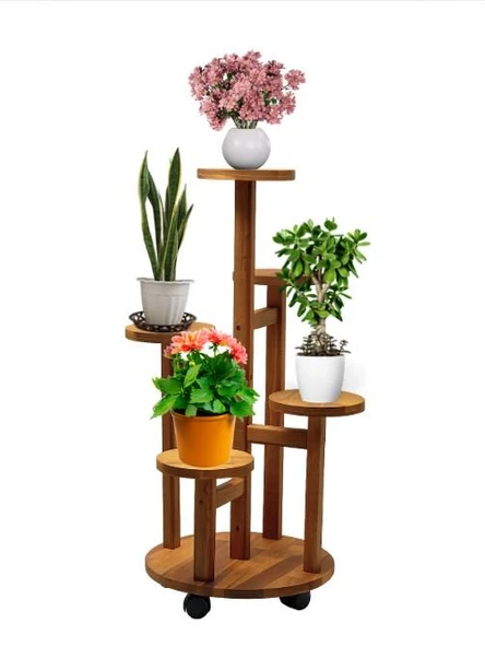 Tekerlekli Çiçeklik 5 Raflı Saksılık Dekoratif 5 Raflı Çiçeklik Doğal Ahşap Saksılık Çiçek Rafı Daire Model